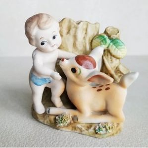 Vintage Cherub Deer Fawn Woodland Japan Vase